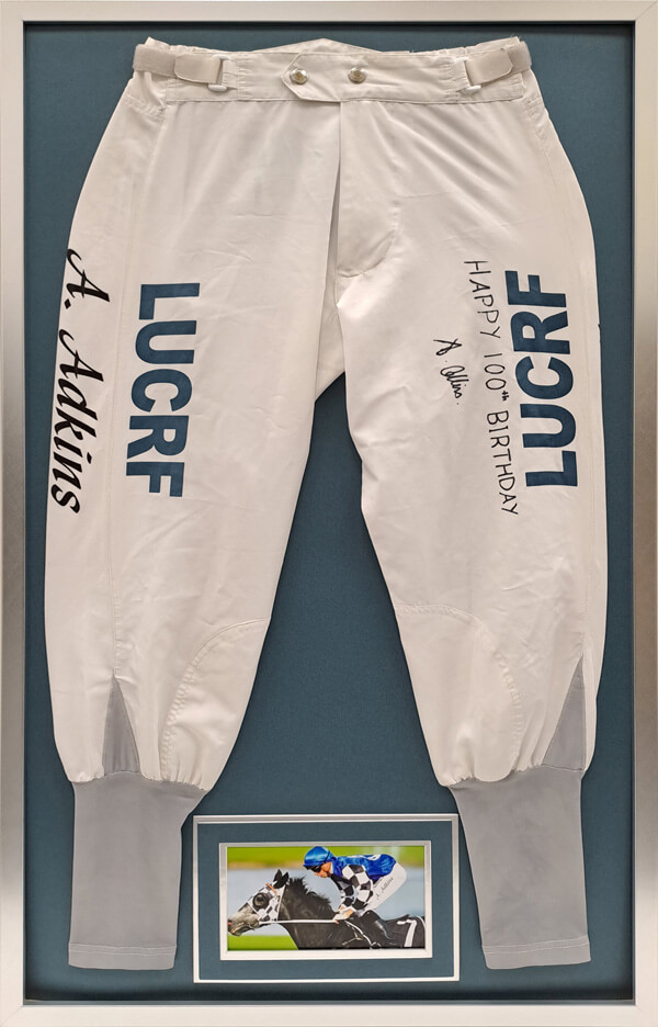 Andrew Adkins framed silk pants Horse memorabilia framed