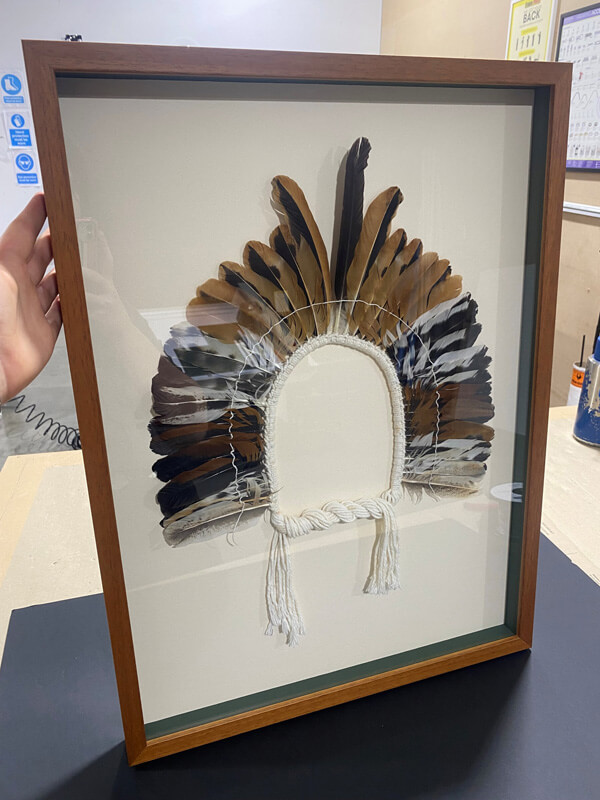 Brazilian feathered head dress souvenir framed