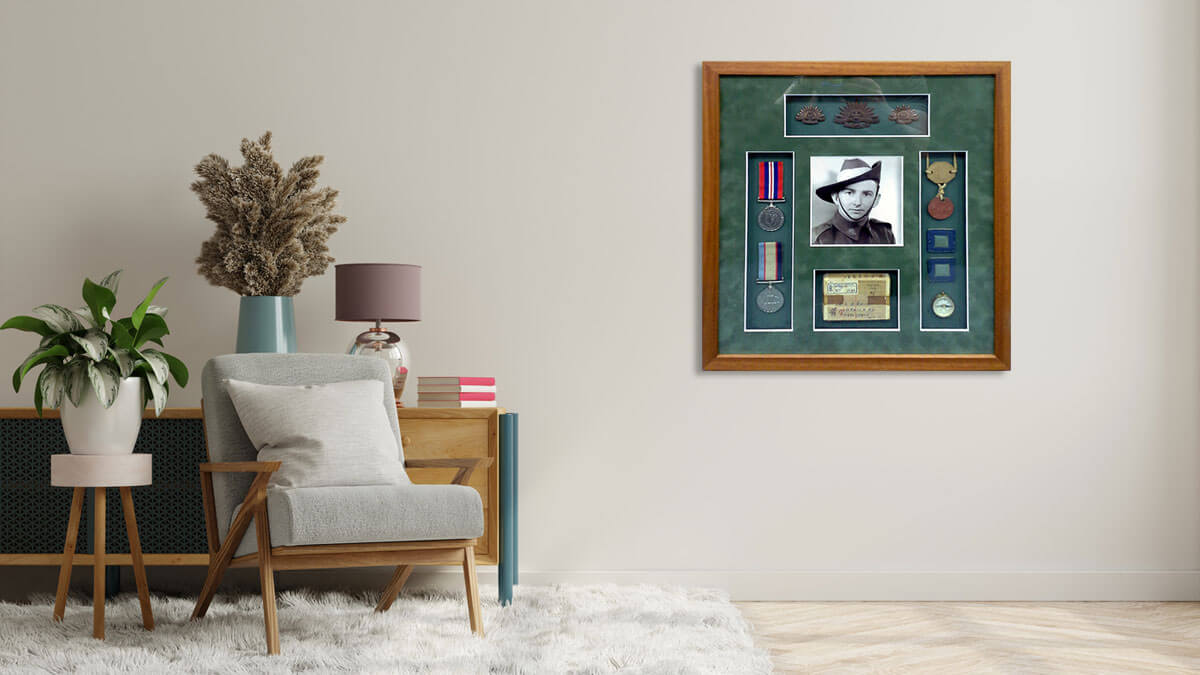 Framed military memorabilia Military medals and photo framed to protect