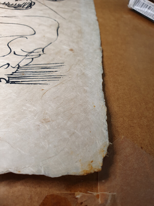 Hinging showing damage to paper Damaged paprt art