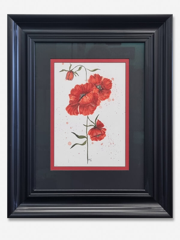 Red poppies framed in black frame After framing red poppies