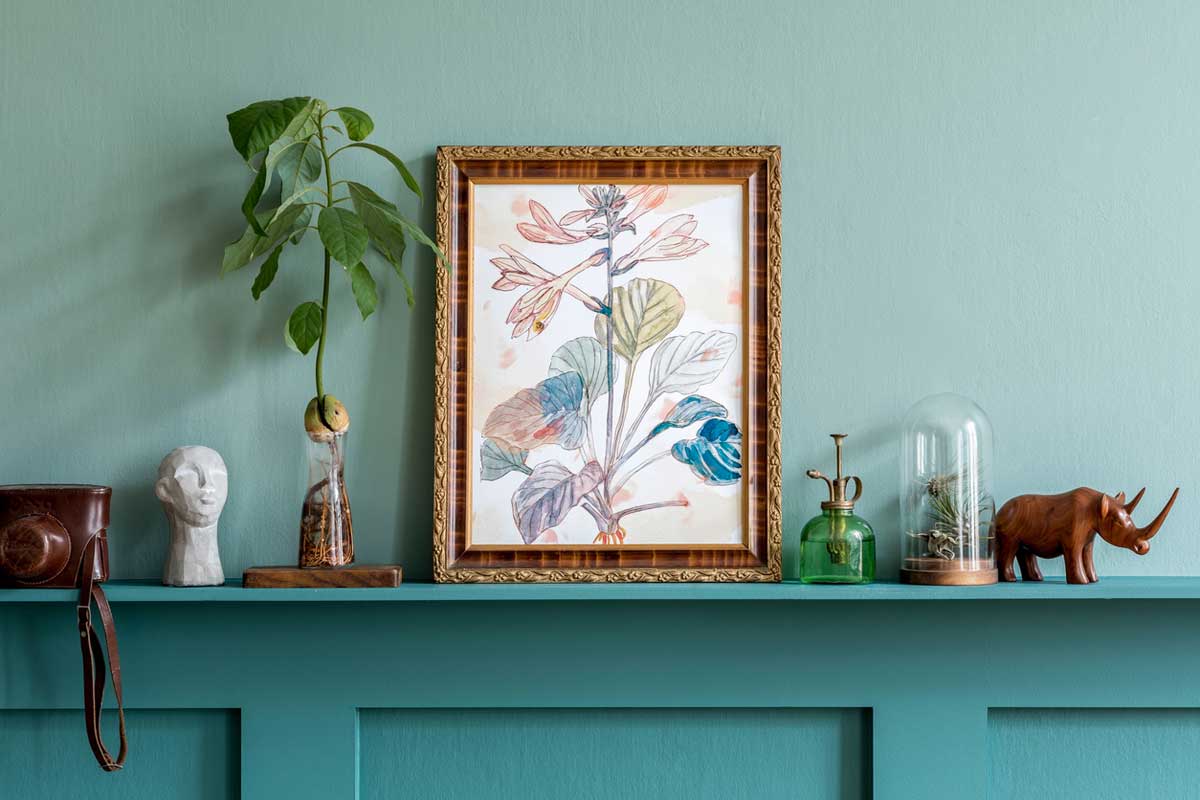 Large picture frame on shelf