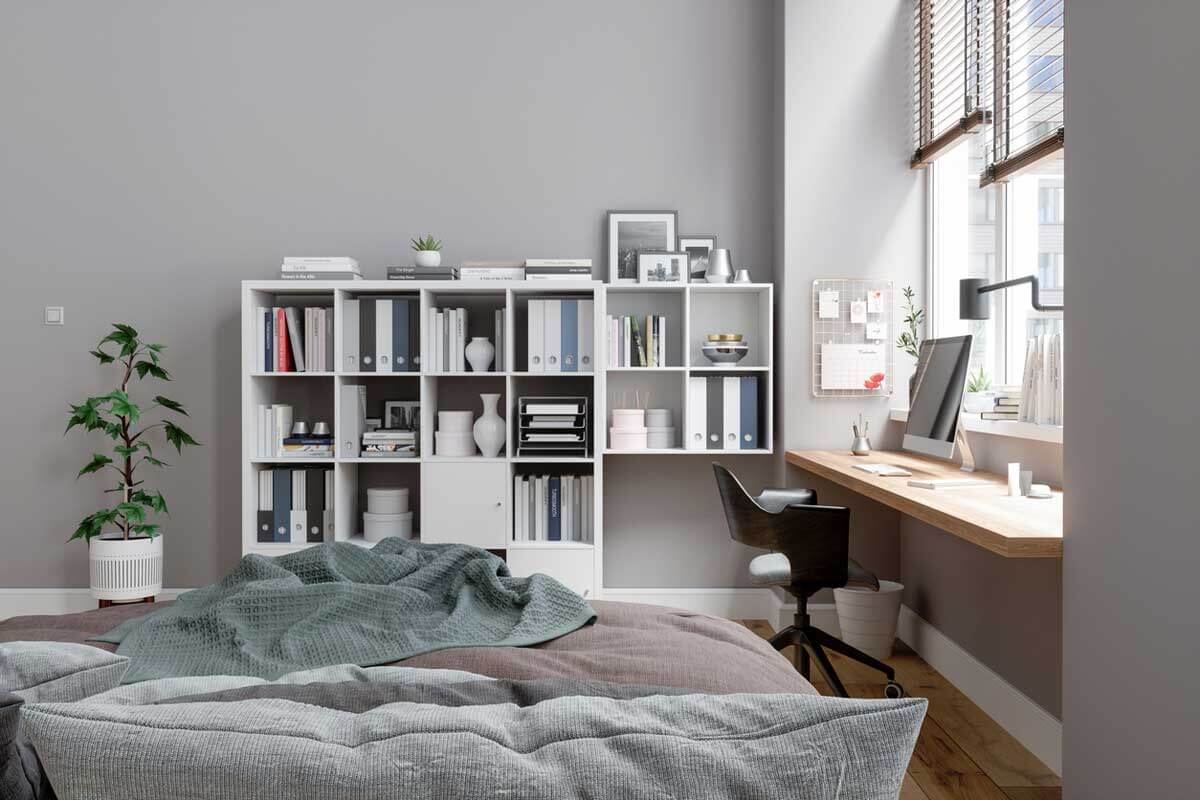 Layered photo frames in bookcase